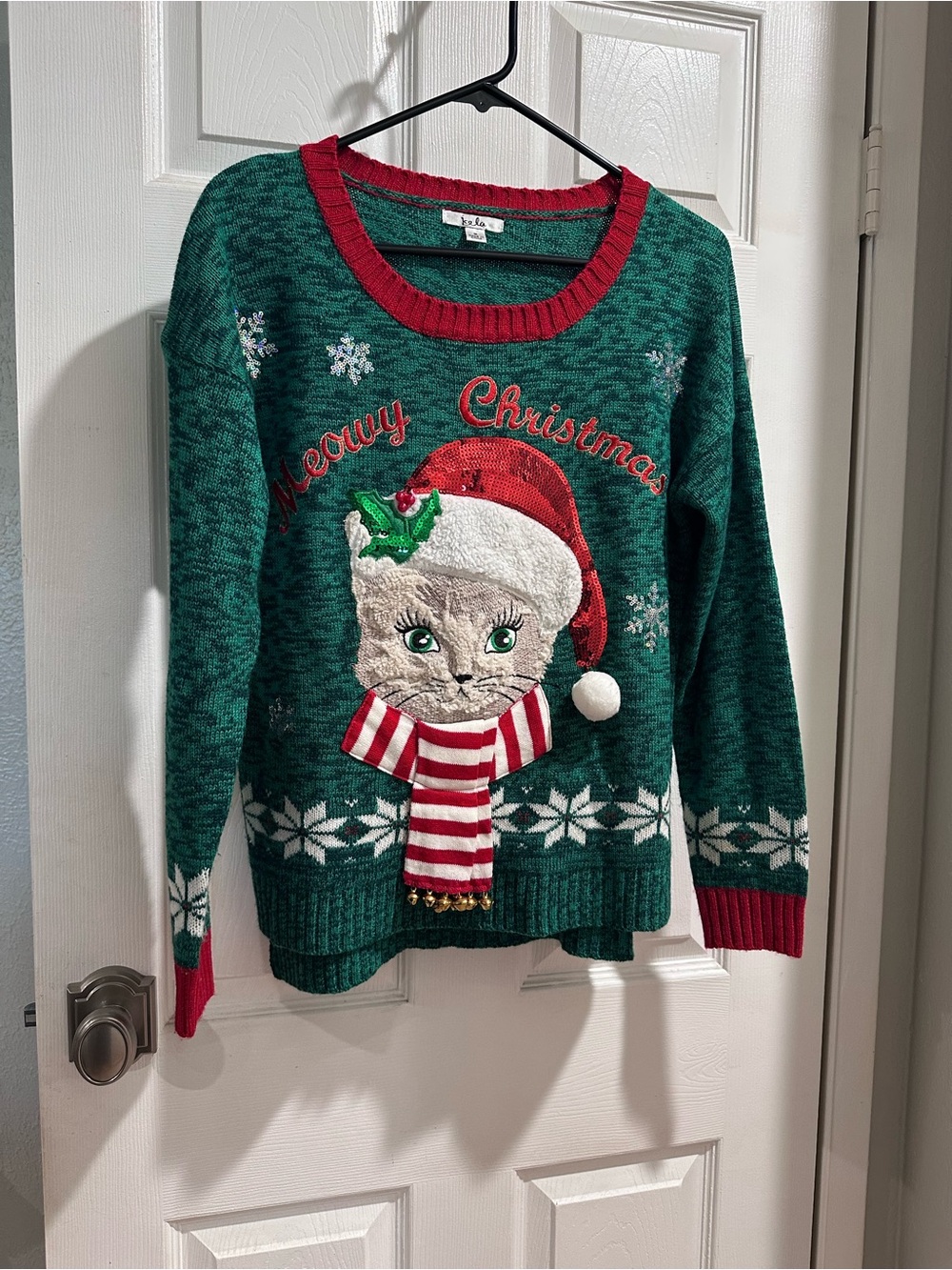Kela Green Knit Cat Christmas Sweater with Red Trim